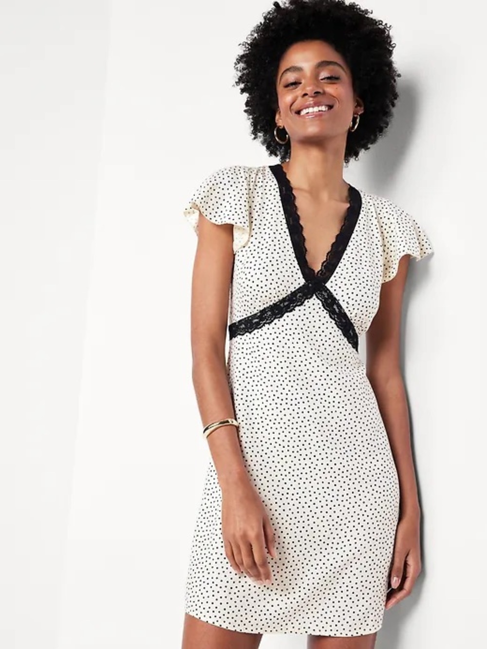 GAP Cream Dress with Black Polka Dots and Black Lace Trim